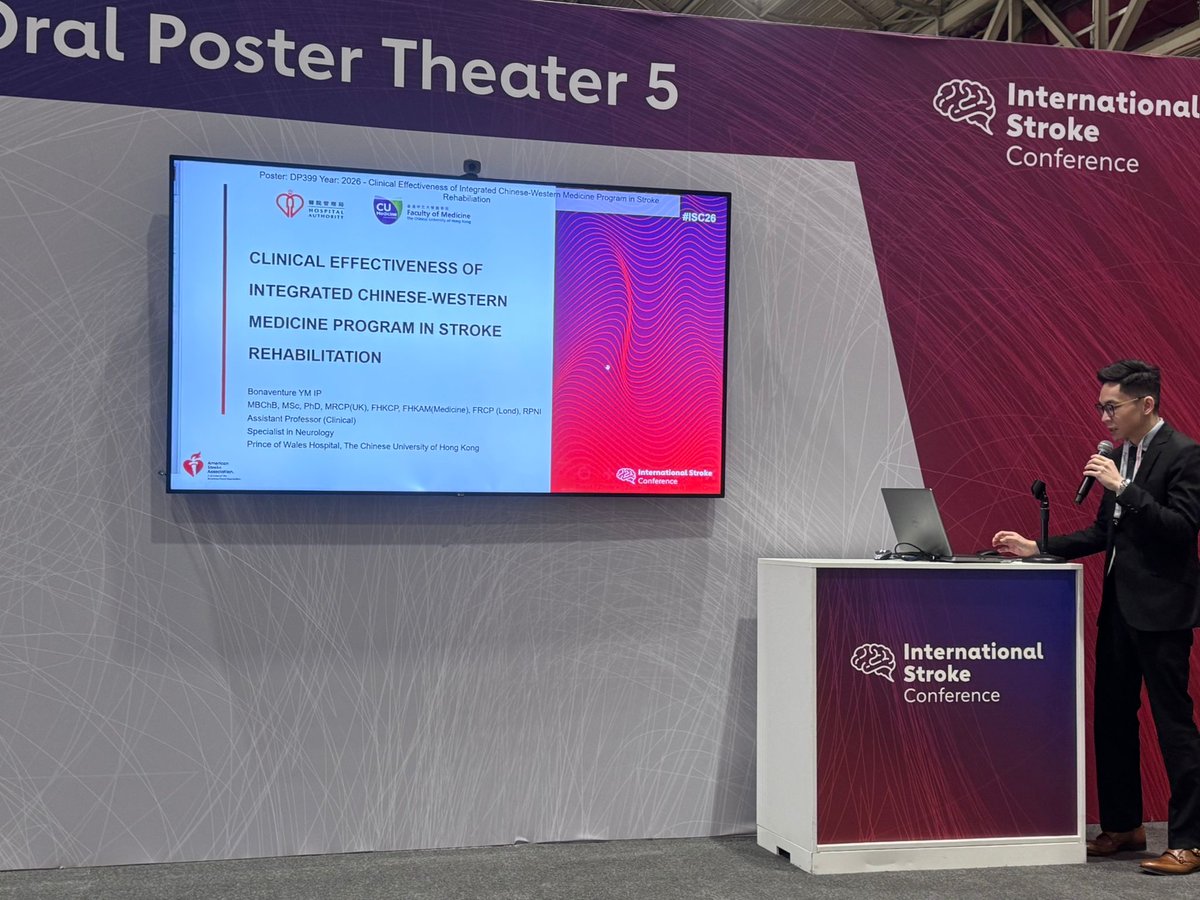 CUHKneurology's tweet photo. Our assistant professor @IpBonaventure presented research on the Clinical Effectiveness of an Integrated Chinese–Western Medicine Program in Stroke Rehabilitation at #ISC2026. Read the abstract here: https://t.co/WZZsZ4DBh6 https://t.co/FQ4F9Upb5G