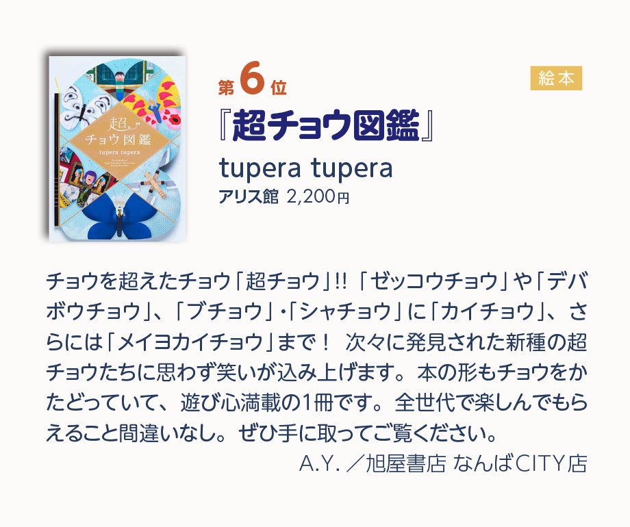 Kinokuniya's tweet photo. 📕キノベス!キッズ2026
🥳第6位
『#超チョウ図鑑』
#tupera tupera
紀伊國屋書店スタッフコメント紹介🦋
次々に発見された新種の超チョウたちに思わず笑いが込み上げます。本の形もチョウをかたどっていて、遊び心満載の1冊です。 https://t.co/pUjs8n3AUx