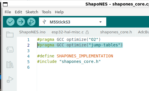 shapoco's tweet photo. switch より computed goto の方が速くなっちゃうの、何のことはなくて、Arduino でのビルド時に -fno-jump-tables が指定されてるからだった。ソース側に pragma 書いて jump-tables を有効にしたら switch のままでも速度が出るようになった https://t.co/lxHA8x4QXA