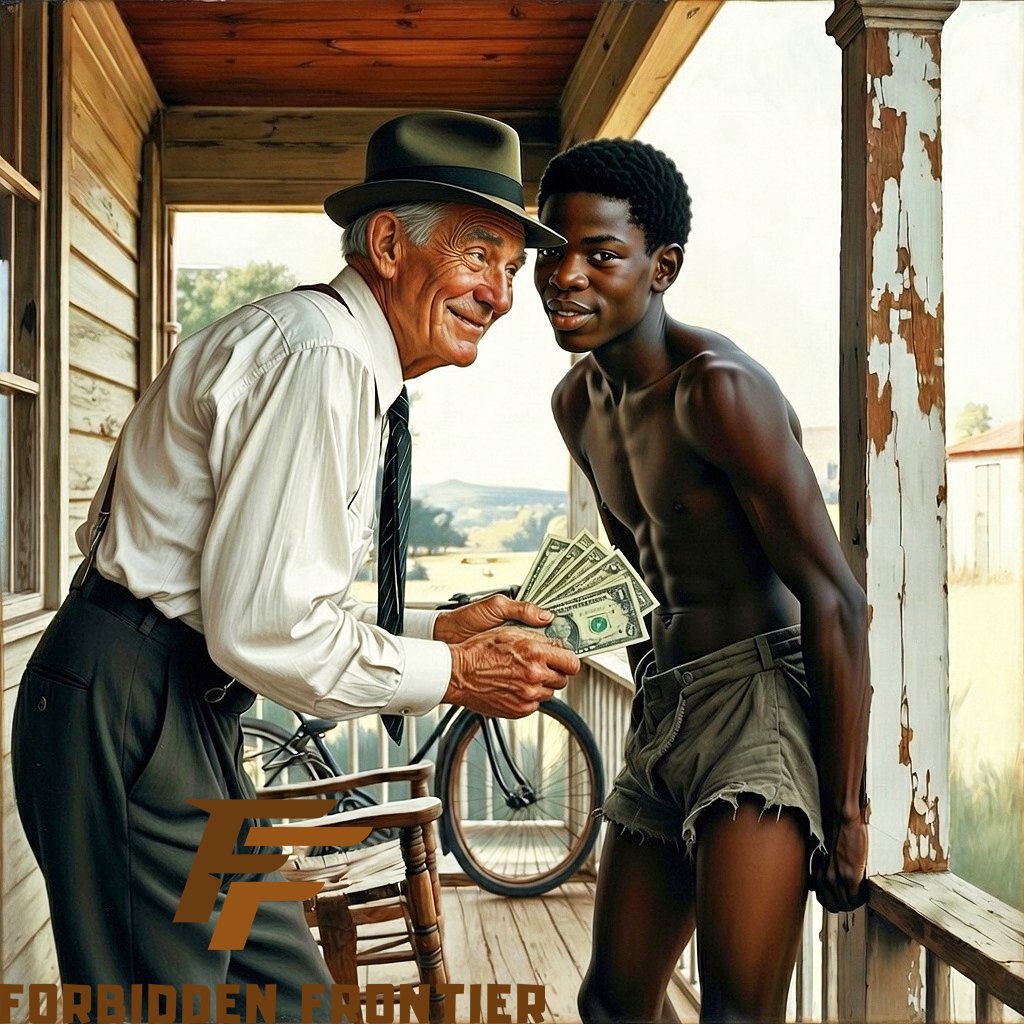 forbiddenfront's tweet photo. The negotiation with the old man was short: First a look, then a touch, then finally TAKING what he's been eyeing all summer.

Caleb didn't mind. He knew the quickest way to a heavy wallet was bending over that porch railing. 🍑💸 (2/2) https://t.co/Dqvs3BjBlu