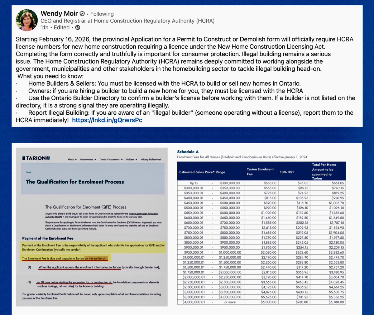 GayleDudeck's tweet image. From LinkedIn re: HCRA license on Building permit, see pic.
Finally!!!   Now let’s see Tarion proactively enforce the Qualification for Enrollment (QFE) rules. Selling or building without QFE is illegal in most cases.  #victim

Builders often don’t want to pay out the Tarion