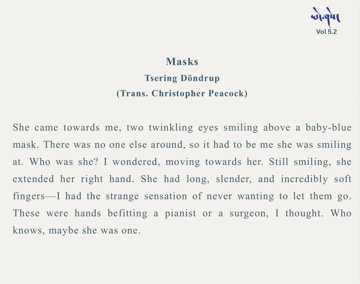 YesheJournal's tweet photo. Tsering Döndrup's story 'Masks' (Trans. Christopher Peacock) is driven by the ambiguity of intuition and guesswork in a world where the obligation to wear 'masks' leaves one longing for authenticity. Click here to read the story: https://t.co/LCFAs6FnsV https://t.co/lKGGkcTmJH