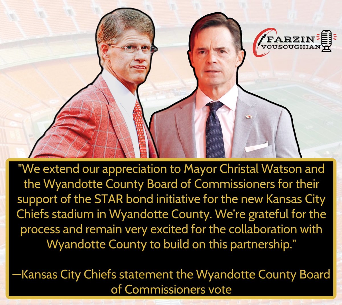 Farzin21's tweet photo. The Chiefs thanked the Wyandotte County Board of Commissioners after a 7-3 vote to approve of the STAR bonds district for a new Chiefs stadium in KCK. Another huge step for the Chiefs and the state of Kansas. https://t.co/U4Y68qNh6C