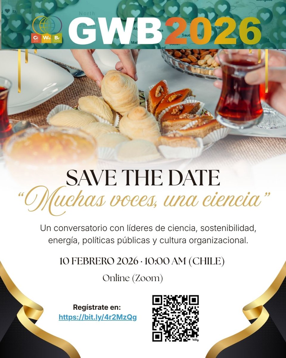 Chile se suma a #GWB2026 (<a href="/IUPAC/">IUPAC</a>) 🇨🇱
Conversatorio online: ciencia, sostenibilidad y energía.
🗓️ 10 feb | 🕙 10:00 | Zoom
Regístrate (gratis): bit.ly/4r2MzQg

#WomenInChemistry #Chemistry #STEM #ClimateAction