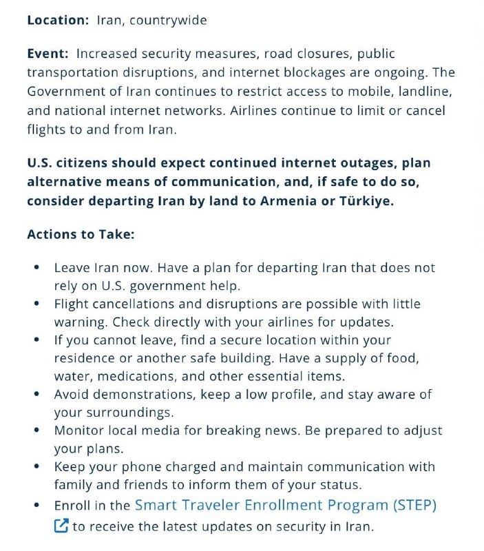 🚨#AlertaADN

El Departamento de Estado de EE.UU. pide todos los ciudadanos estadunidenses abandonar Irán inmediatamente