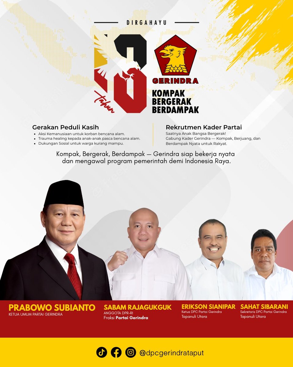 Dirgahayu Partai Gerindra ke 18. 
Kompak Bergerak Berdampak.
Salam Indonesia Raya 💪🏻💪🏻💪🏻