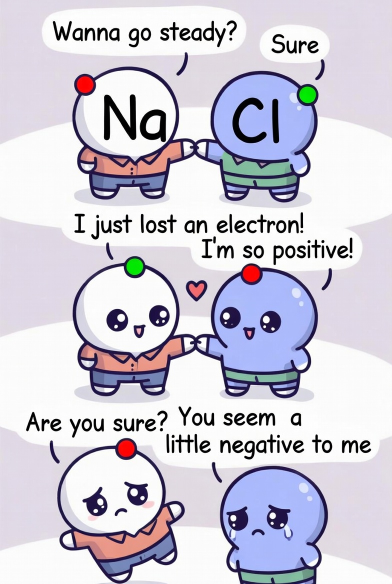 fleaplearning's tweet photo. Sodium and chlorine goes on a date. Na loses an electron and goes positive while Cl gains it and goes negative. 
#atomicstructure #chemistry #sciencejokes #ScienceTips https://t.co/UPC4blQIm9