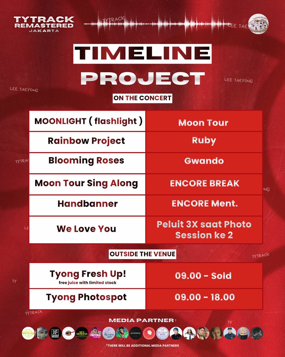 TY TRACK REMASTERED JAKARTA
Fan Project by Taeyong Project

🌹 TIMELINE PROJECT 🌹 

Berikut timeline project untuk Taeyong! TYongF, mohon kerja samanya untuk menyukseskan project-project ini ya!

Tickets available at taeyonginjakarta.com

#TAEYONG #태용 #TY_TRACK
