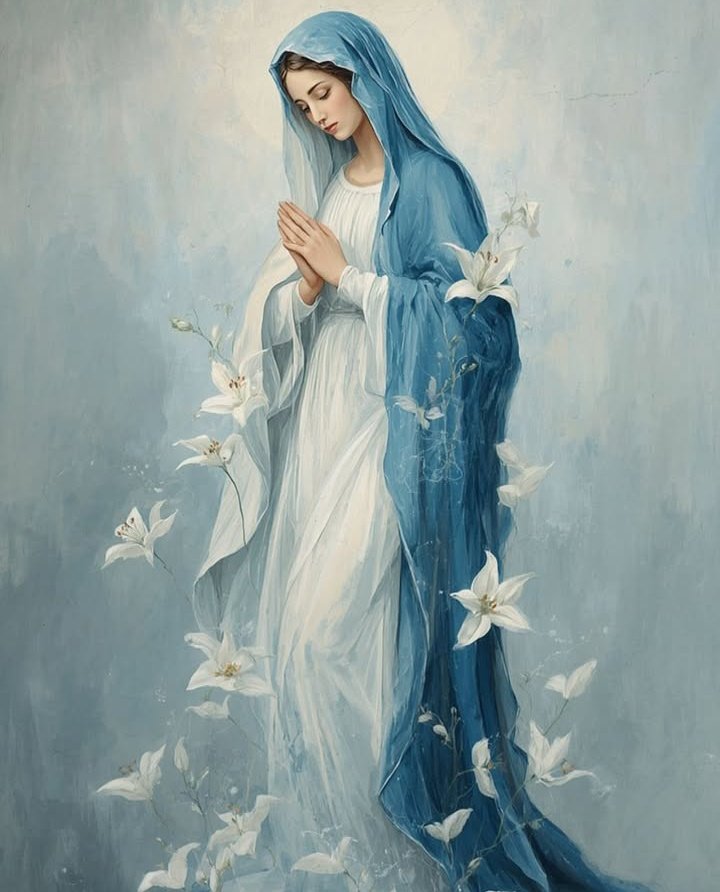 ✝️ Dios te salve, María, 
llena eres de gracia;
el Señor es contigo.
Bendita Tú eres 
entre todas las mujeres,
y bendito es el fruto de tu vientre, Jesús. 

Santa María, Madre de Dios,
ruega por nosotros, pecadores,
ahora y en la hora de nuestra muerte. Amén 🙏