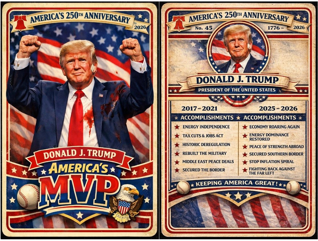 IsraelIsbe49028's tweet photo. THE TRUMP CARD. 🃏🇺🇸
America’s 250th Anniversary edition — front and back.
MVP energy. Period. #TrumpCard #America250 #USA #AmericanPride #Patriot #WeThePeople #StarsAndStripes #MAGA #Trump2026 https://t.co/vvqhsb59r9