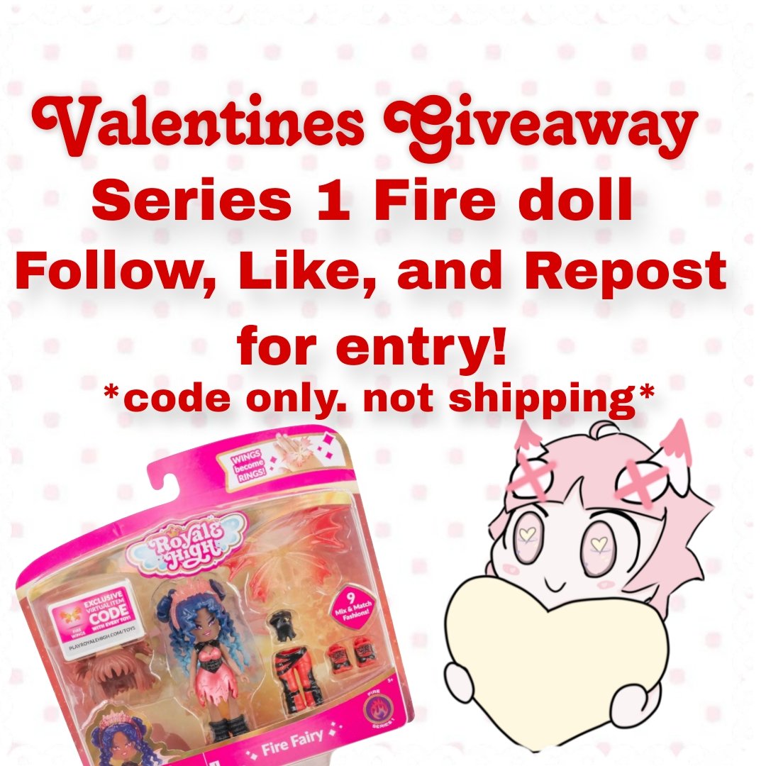 Valentines Giveaway!
Royale High Series 1 Fire Doll 🥰💗

Follow, Like, and Reposts to enter!
ENDS ON THE 15TH!!! ❗️❗️

I am running multiple Valentines Giveaways! More information in thread! 🧵