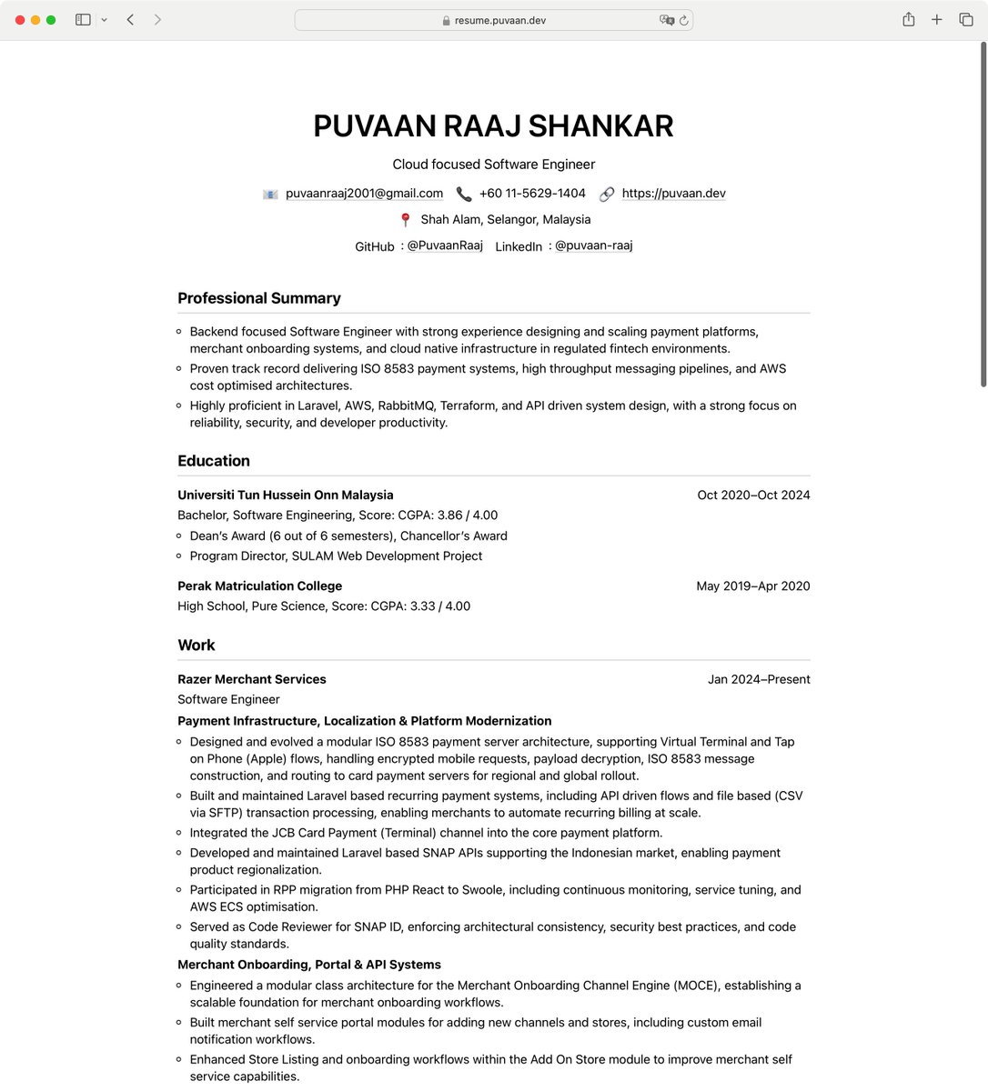 PPResumeX's tweet photo. A resume from a software engineer in Malaysia, generated by YAMLResume: https://t.co/LIU8uxYLUQ.

Preview see pic.

Pretty clean and nice. https://t.co/7zRC7Hw3bT