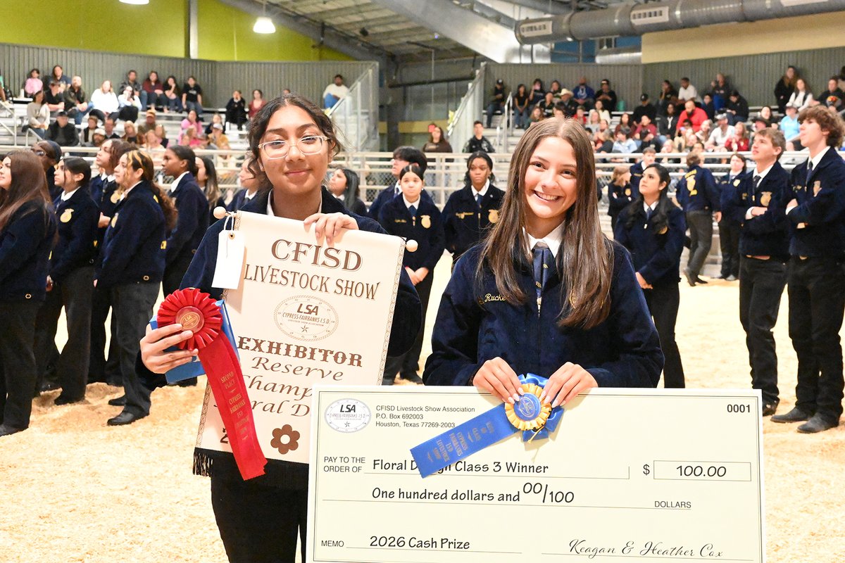TheMs_B's tweet photo. Congratulations to the @CyFairISD @CFISDLSA 2026 Floral Design Winners! 
🥇Grand Champion: Maylee Tompkins, @cyfallshs 
🥈Reserve Champion: Lily Rucker, @BridgelandCFISD 
#CFISDSpirit🎉 #ChooseCFISD https://t.co/fNaQH0Rqbb