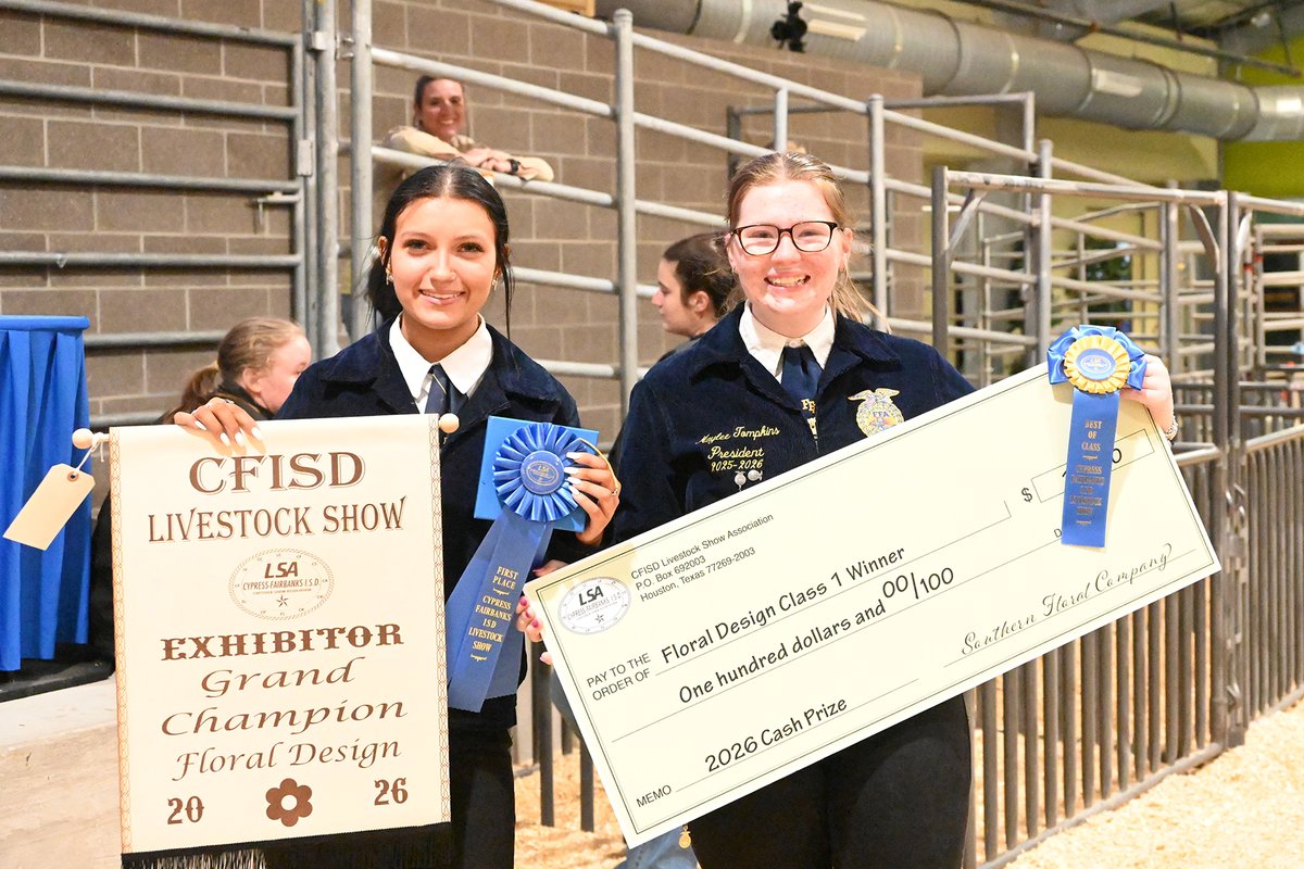 TheMs_B's tweet photo. Congratulations to the @CyFairISD @CFISDLSA 2026 Floral Design Winners! 
🥇Grand Champion: Maylee Tompkins, @cyfallshs 
🥈Reserve Champion: Lily Rucker, @BridgelandCFISD 
#CFISDSpirit🎉 #ChooseCFISD https://t.co/fNaQH0Rqbb