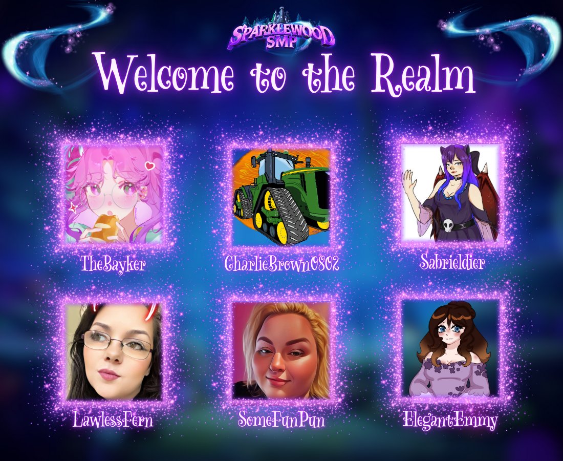 SparkleWoodSMP's tweet photo. We’re welcoming a couple of new members to the realm today. We can't wait to see what stories TheBayker, @charliebrown080 @ElegantEmmyVT @LawlessFern @Sabriel13 &amp; PUN! https://t.co/XefEOJZVx6