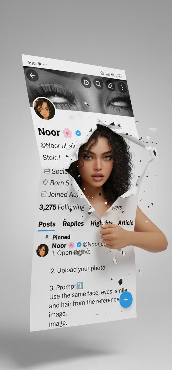 1. Open <a href="/grok/">Grok</a>

2. Upload your photo 

3. Prompt⤵️
A highly creative digital artwork where a realistic girl is dramatically tearing through a social media X (Twitter) profile page. The X profile appears like a paper or screen being ripped open, with torn edges and flying