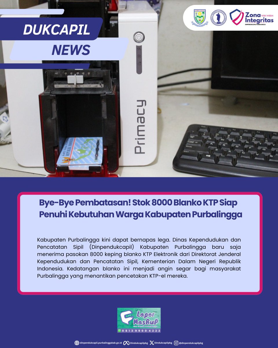 Dinpendukcapil Purbalingga kini semakin siap melayani kebutuhan KTP Elektronik Anda! Baru saja menerima 8000 keping blanko KTP-el langsung dari Ditjen Dukcapil Kemendagri.

dinpendukcapil.purbalinggakab.go.id/article/pemenu… 

#Dukcapil #DukcapilJateng #DukcapilPurbalingga #PemkabPurbalingga #Purbalingga