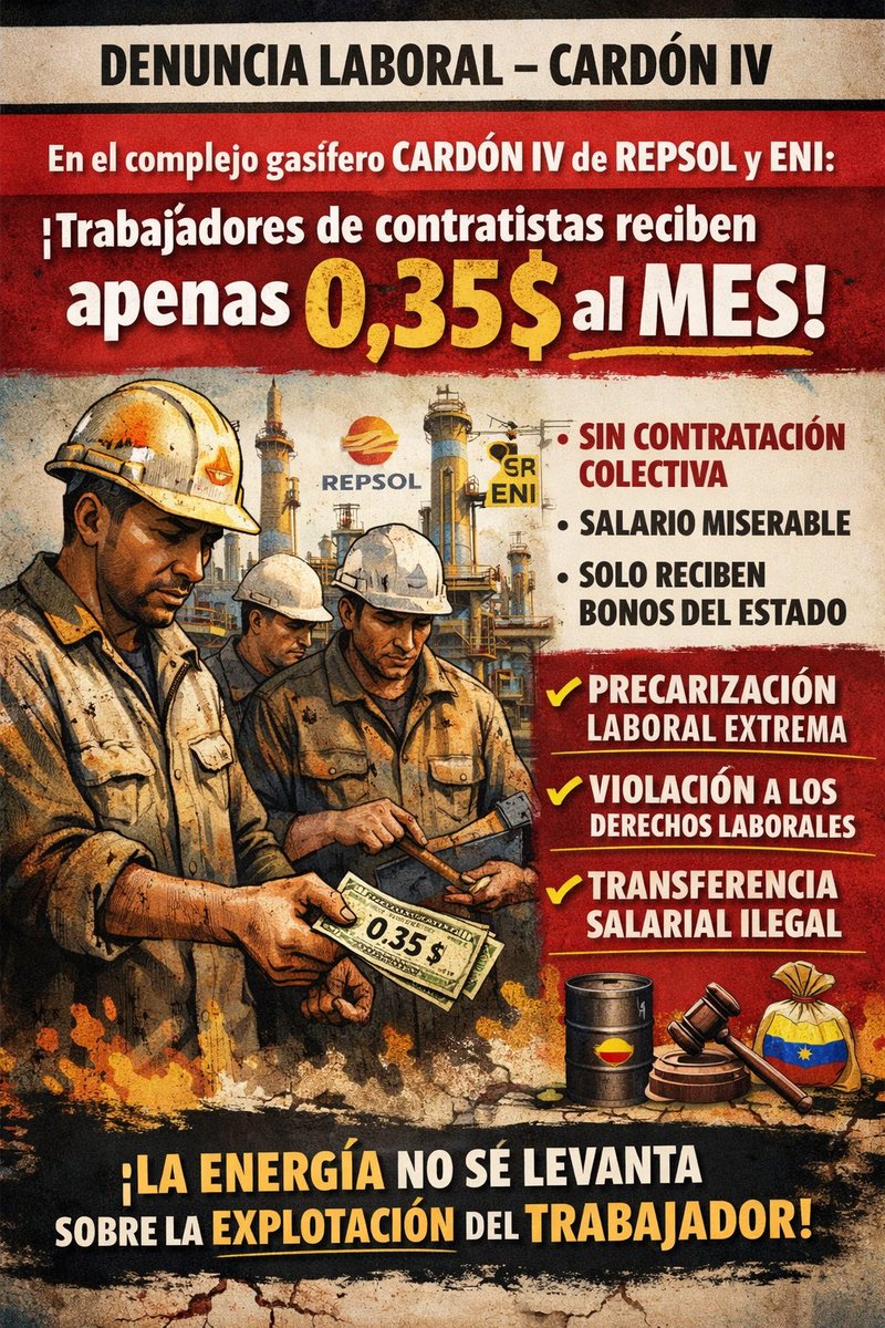 En el complejo gasifero Cardón IV-Repsol-ENI un trabajador gana 0.35 dólares al mes

En el complejo de gas no asociado Cardón IV, operado por Repsol y ENI, los trabajadores de empresas contratistas reciben un salario de 130 bolívares mensuales, 0,35 dólares !! Complementado