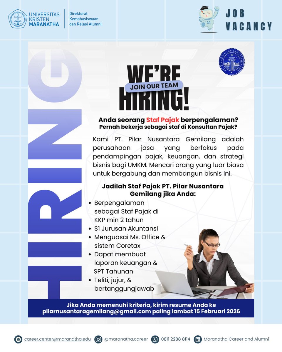 [JOB VACANCY - PT. Pilar Nusantara Gemilang]

Staf Pajak

Send your CV to pilarnusantaragemilang@gmail.com

Deadline 15 Februari 2026

Untuk informasi lowongan kerja, follow sosial media kami
<a href="/maranatha/">Maranatha Volunteers International</a>.career
#alumnimaranatha #kitamaranatha #universitaskristenmaranatha