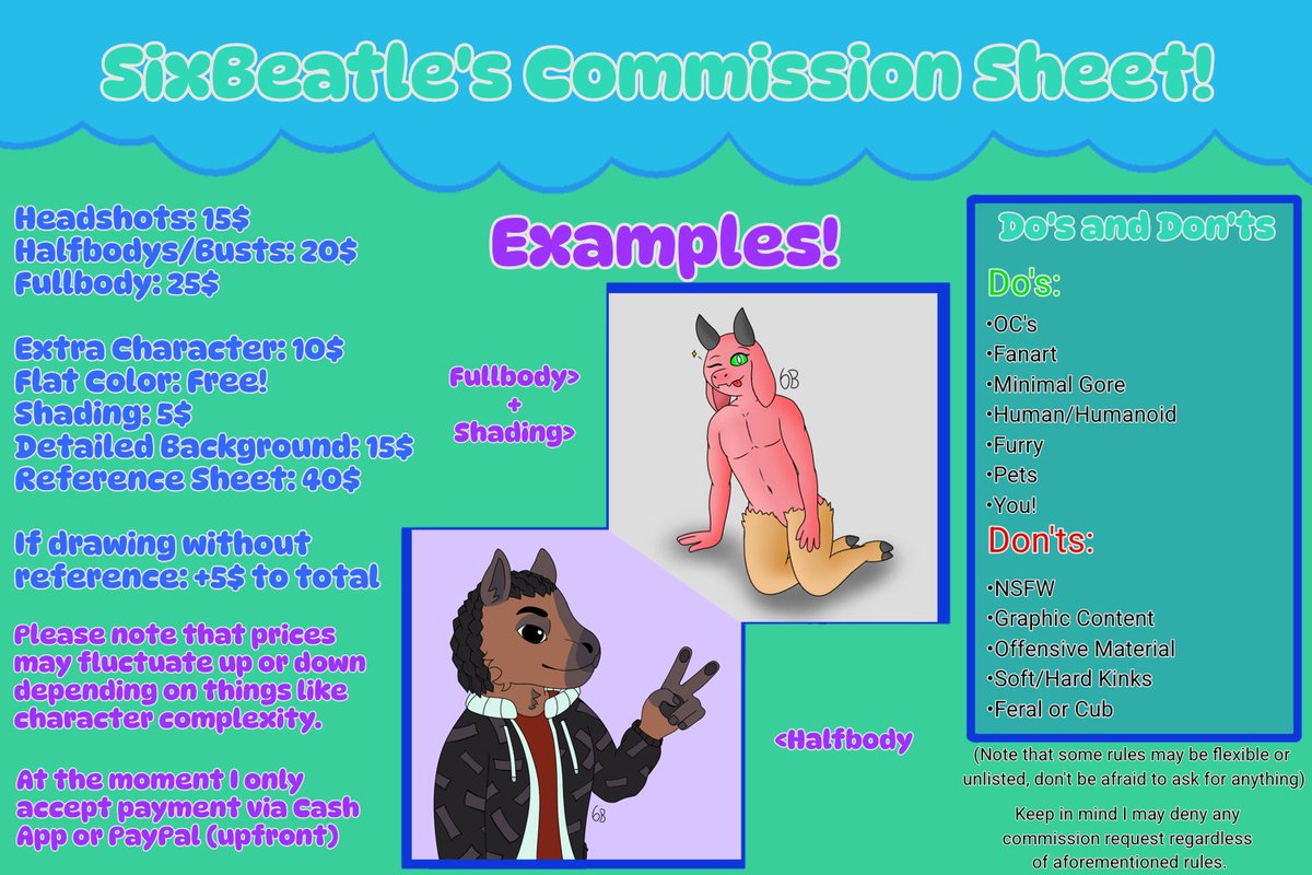Sixbleatle's tweet photo. Not sure if this will go anywhere but I'm opening commissions!!! Dm me if you may be interested and we can chat about it! https://t.co/q9wlhUqTR1