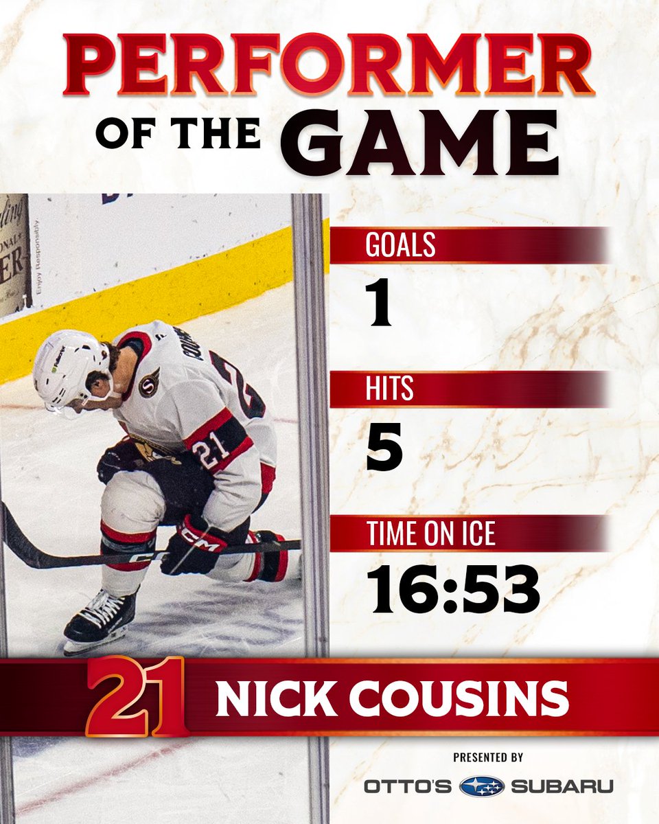 Senators's tweet photo. Cuzzy is on a tear 🔥

With his goal last night's game, Nick Cousins helped the #Sens secure the W and earned himself @Ottos_Subaru Performer of the Game honours 👏 https://t.co/yiJFsrcBgi