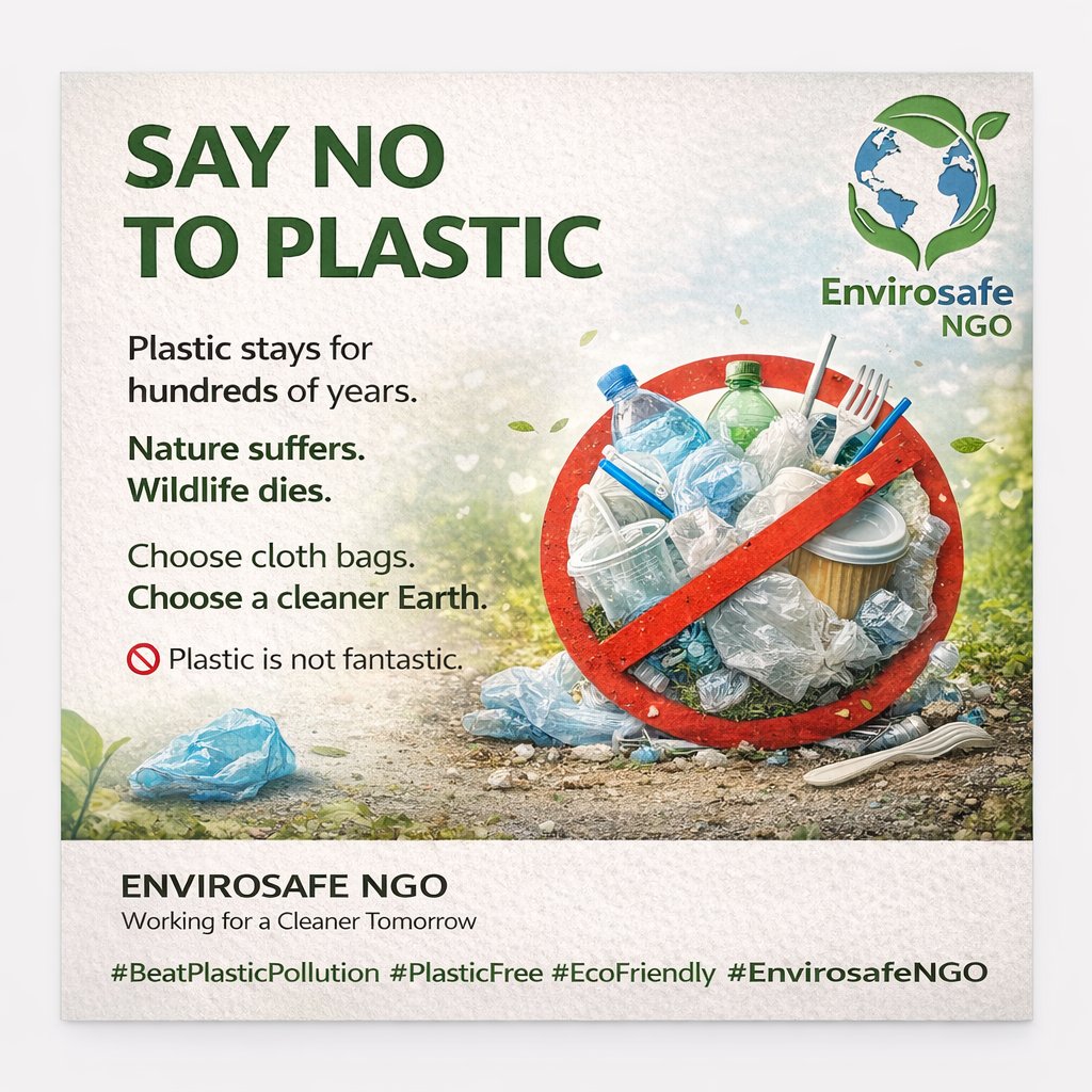 EnvirosafeN's tweet photo. Plastic lasts for hundreds of years, but its damage begins today.
Nature suffers. Wildlife dies. 🌍
Say NO to plastic.
Choose a cleaner and safer Earth. 🌱
#SayNoToPlastic #BeatPlasticPollution #PlasticFree #EcoFriendly #EnvirosafeNGO https://t.co/zRlCdnMBTu