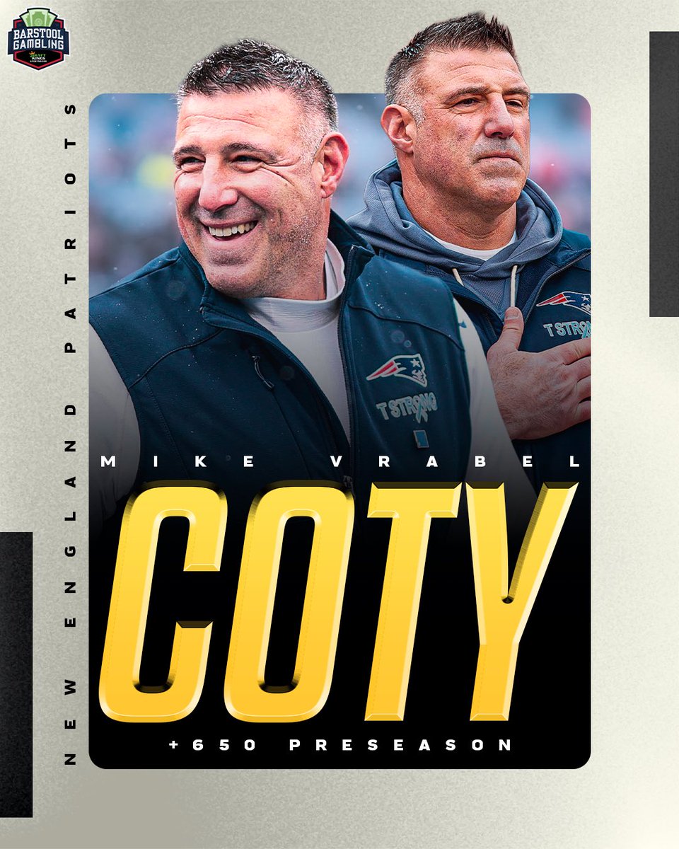 stoolgambling's tweet photo. Mike Vrabel is your 2025 NFL Coach of the Year 

🏈 AFC Champions
🏈 AFC East Champs (5-1 Div Record)
🏈 14-3 Record (+10 Wins from 2024)

VERY Well Deserved 🏆 https://t.co/FPhDdm7Kta