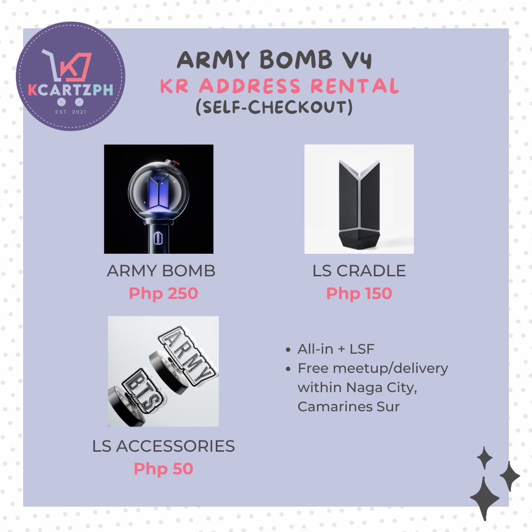 kCartzPH's tweet photo. KR ADDRESS RENTAL

✨ BTS LIGHTSTICK ARMY BOMB VER 4 ✨

💸 All-In Price + LSF
📦NETA
💳GCash,BDO,BPI,Maya
🚚J&amp;T,JRS,LBC

DM us for Korean Address Rental details. 💜 https://t.co/q4VJ9pHtQI