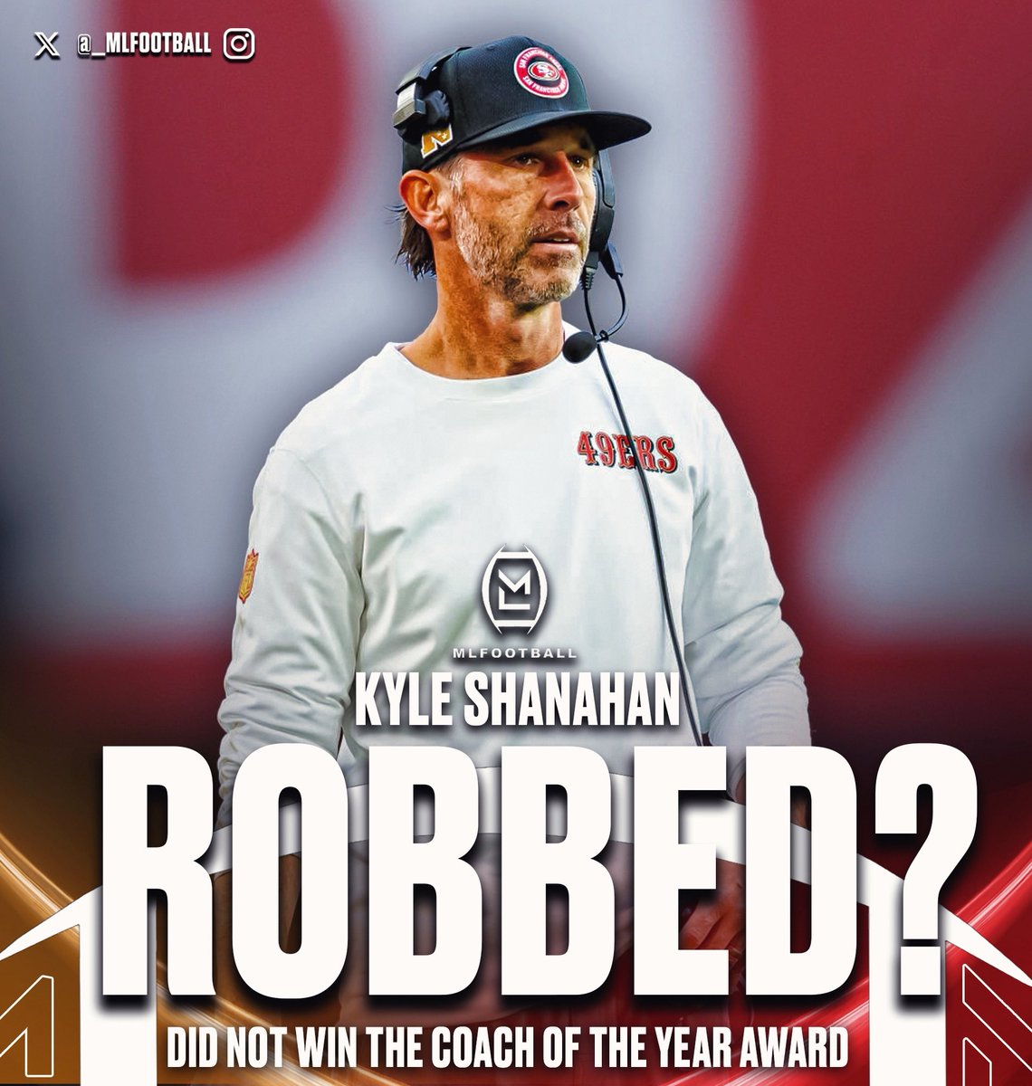MLFootball's tweet image. WAS #49ERS HC KYLE SHANAHAN ROBBED OF THE 2025 #NFL COACH OF THE YEAR AWARD?

12-5 record
2nd NFC West
Playoff win over Super Bowl champion

San Francisco had the most injuries in league history, including many of their stars, and Shanahan still led them to the playoffs and won.