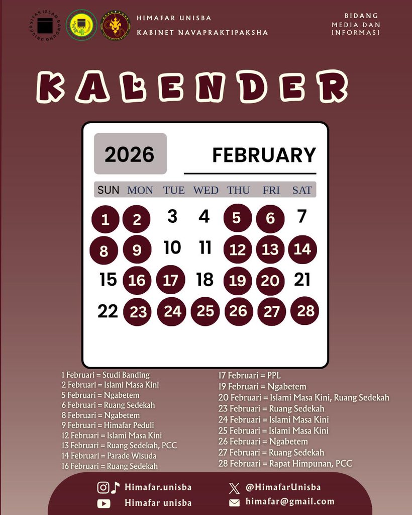 [KALENDER HIMAFAR FEBRUARI 2026]

Halo akang teteh! Berikut adalah kalender Himafar bulan Februari, yuk langsung cek dan catet tanggalnya!
