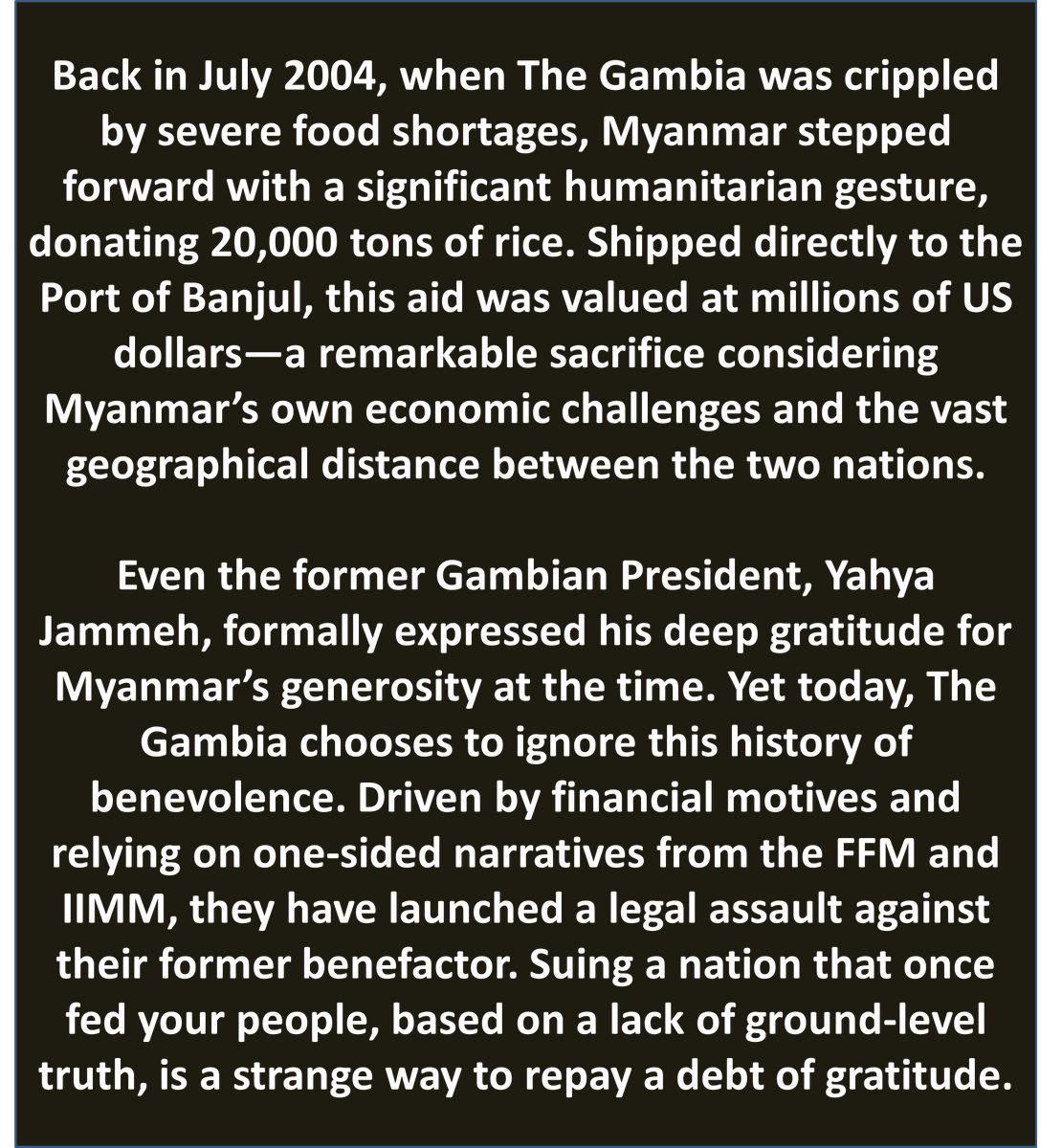 The #Gambia should be ashamed of its selective memory. #MyanmarFactCheck #ProvaDoLíder <a href="/OIC_OCI/">OIC</a> <a href="/tunkhin80/">Tun Khin</a> <a href="/theARNCorg/">Arakan Rohingya National Council (ARNC)</a> #WhatsHappeningInMyanmar