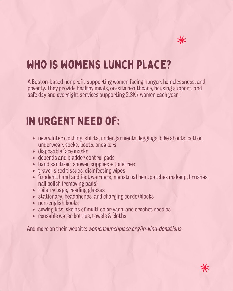 💜 BTS Boston ARMY Donation Drive 💜
Join us in supporting Women’s Lunch Place, a Boston-based nonprofit uplifting women facing hunger, homelessness, and poverty.
🗓 Feb. 21
📍 Boston &amp; Lowell – Sweet Dreams event
We’re collecting winter clothing, hygiene items, and other