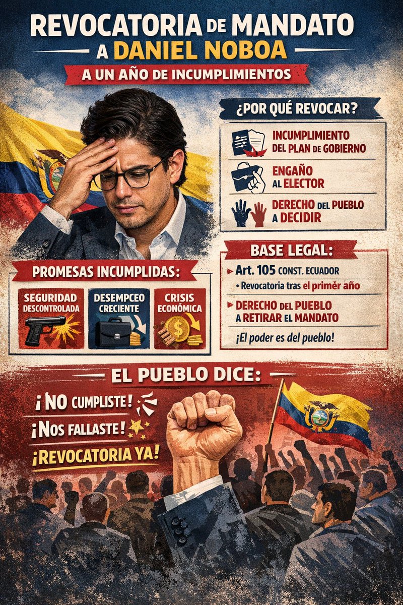ARGUMENTOS LEGALES PARA UNA REVOCATORIA DE MANDATO
La revocatoria del mandato presidencial en Ecuador no es un acto de venganza política, sino un derecho ciudadano consagrado constitucionalmente. Los fundamentos jurídicos son claros:
1. Base Constitucional
Artículo 105 de la