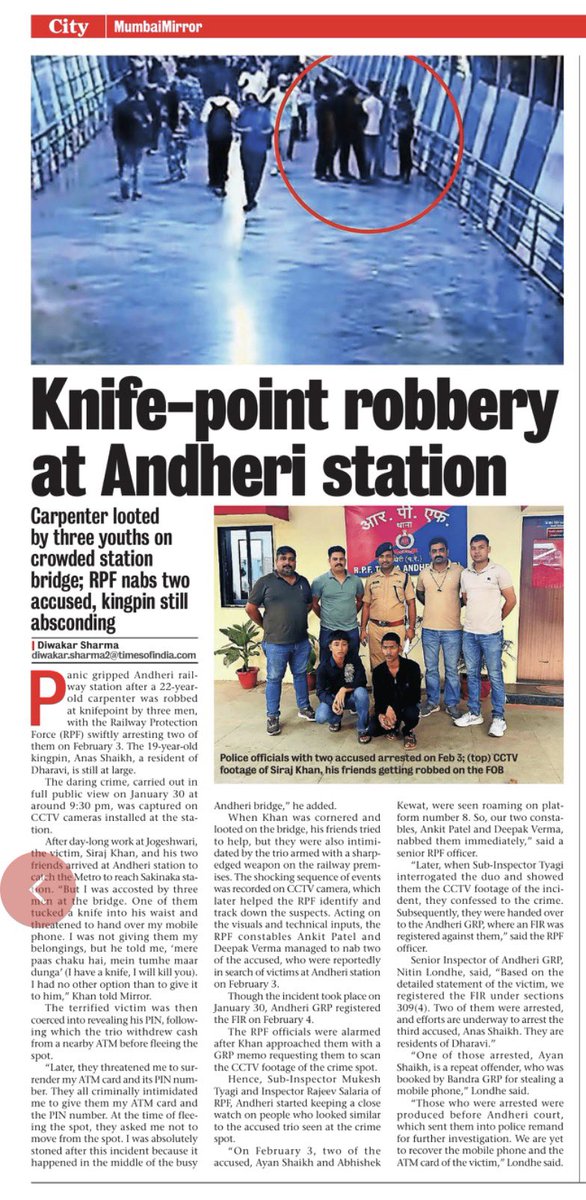 DiwakarSharmaa's tweet image. Knife-point #robbery at #Andheri station. Carpenter looted by three #Dharavi youths on crowded station bridge; #RPF nabs two accused, kingpin still absconding.

instagram.com/reel/DUY8NwnCC…