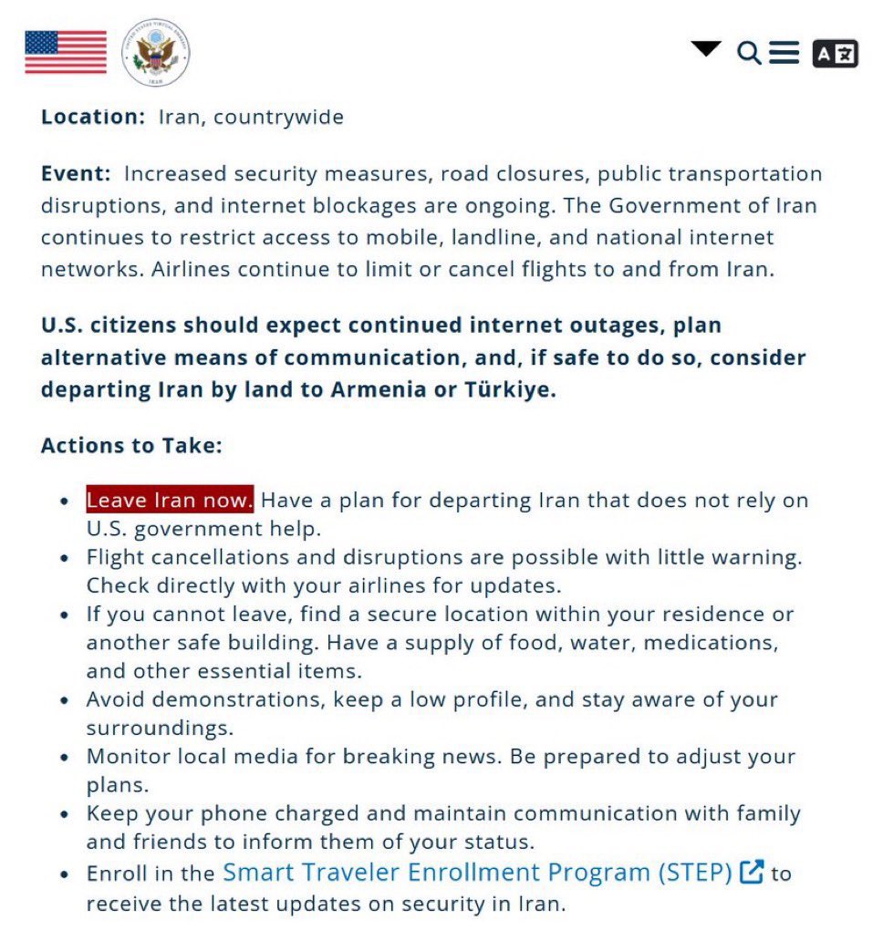 instantenoti24's tweet photo. ÚLTIMA HORA: La Embajada de Estados Unidos advierte a sus ciudadanos que "abandon Irán ahora". https://t.co/w0aSjnsBk7