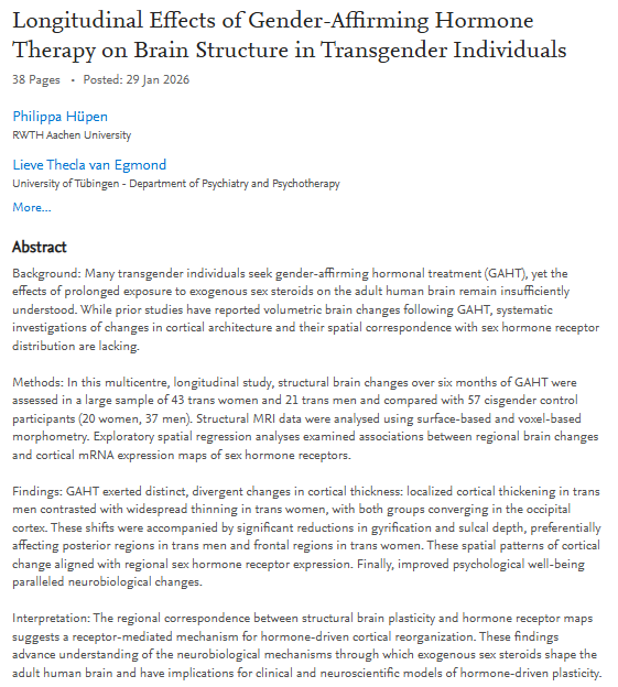 statsforgender's tweet photo. Cross-sex hormones significantly alter brain structure in just 6 months, according to a new preprint with @TheLancet.

🧵 https://t.co/iZ91eUhNDN