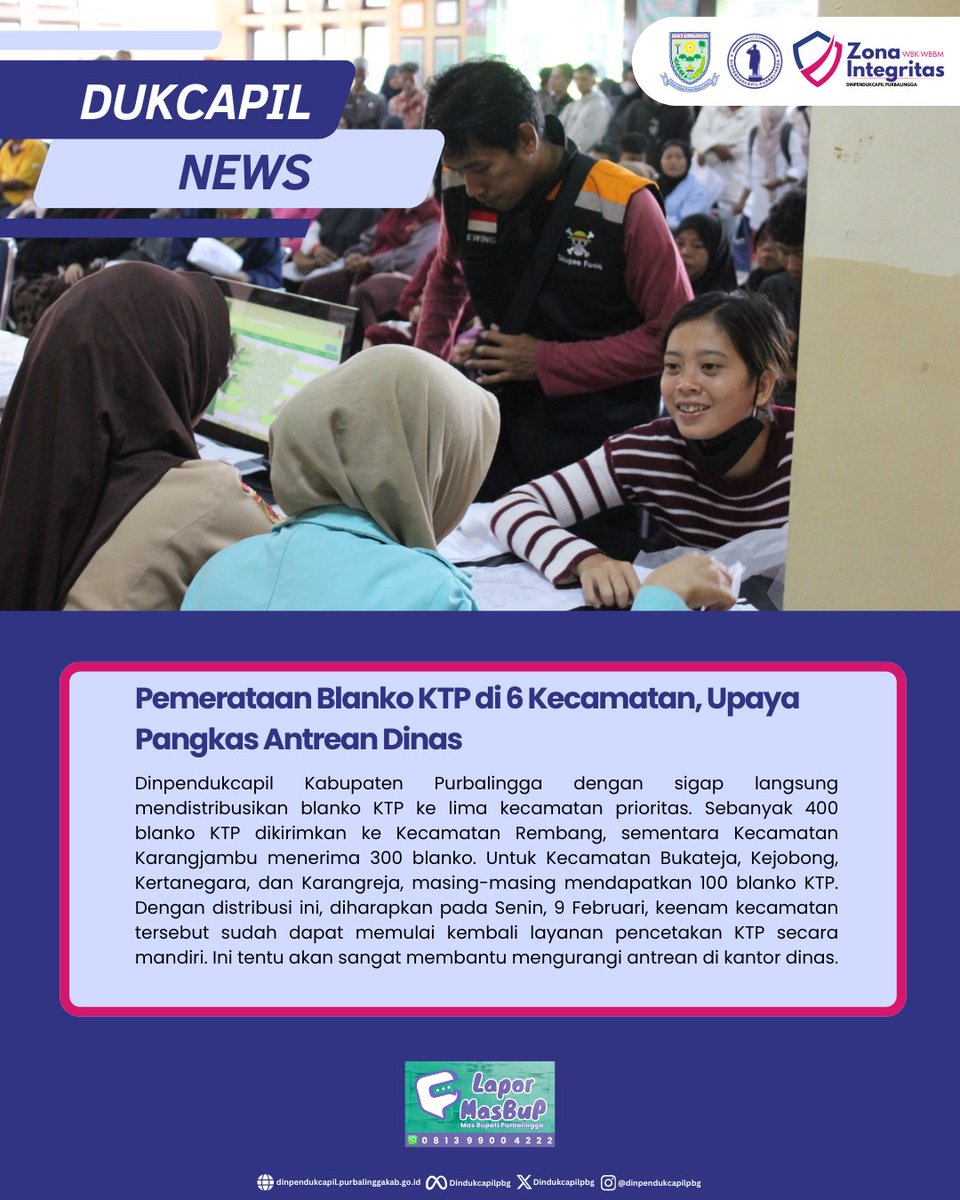 Setelah menerima 8000 blanko KTP dari Ditjen Dukcapil, kini layanan cetak KTP TIDAK LAGI DIBATASI per harinya. Yuk, segera urus KTP-mu tanpa perlu khawatir antrean panjang!

dinpendukcapil.purbalinggakab.go.id/article/pemenu…

#Dukcapil #DukcapilPurbalingga #PemkabPurbalingga #Purbalingga #ElkiaPOS