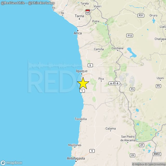 RedGeoChile's tweet photo. REVISADO ⚠️ | Un sismo de magnitud 5.0 (Mw) ocurrió a las 23:27:24 horas de hoy, jueves 5 de febrero de 2026, a 26 km al norte de #Patache (región de #Tarapacá), con una profundidad de 24 kilómetros (Fuente: #CSN).
🚩 Lista de intensidades en la escala de Mercalli Modificada:
Alto Hospicio: V*
Iquique: IV-V*
Pozo Almonte: IV*
Pica: IV
La Tirana: IV
Arica: III*
Mamiña: III
Calama: II-III*
Fuente: (*) Informantes Mercalli de RedGeoChile.