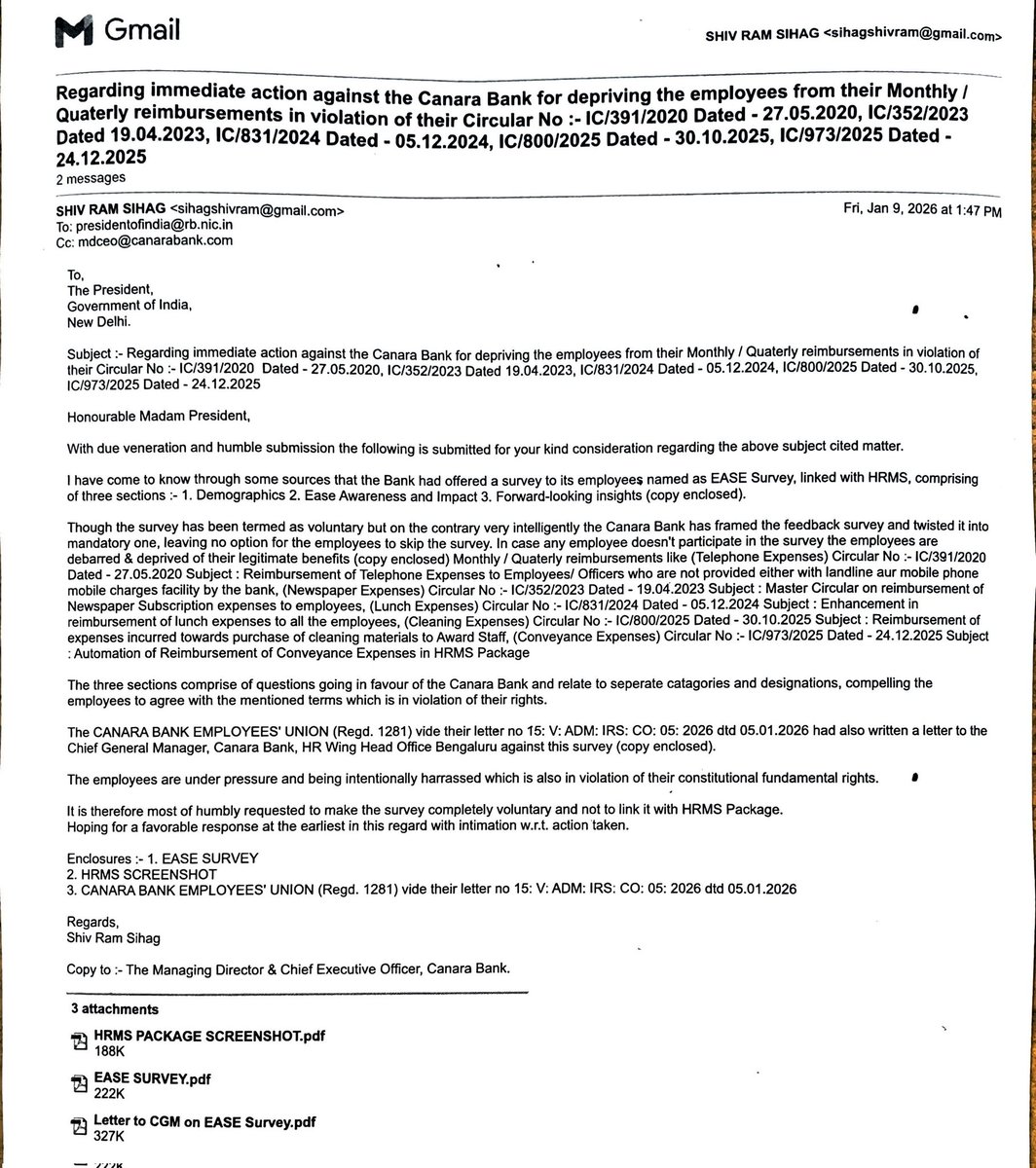 AgastyaBij86285's tweet photo. Regarding immediate action against the Canara Bank for depriving the employees from their Monthly/Quaterly reimbursements in violation of their Circular No :- IC/391/2020, IC/352/2023, IC/831/2024, IC/800/2025, IC/973/2025
@Rashtrapatibhvn @canarabank @RBI @FinMinIndia @PMOIndia https://t.co/hxnCAxsfkS