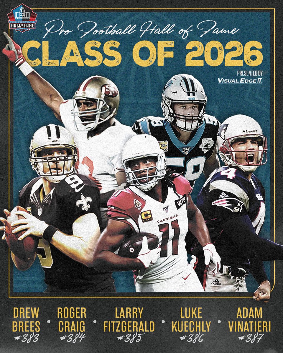 ProFootballHOF's tweet image. Introducing the Pro Football Hall of Fame Class of 2026, presented by @visualedgeit. Full story: profootballhof.me/4qe5mqp