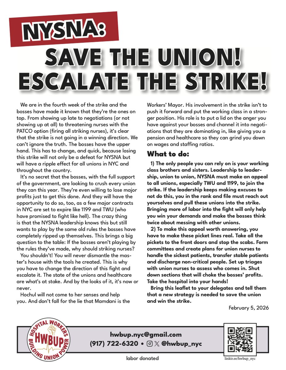 NYSNA: Save the union! Escalate the strike! Stop playing by bosses' rules that they themselves ripped up! Appeal to all unions to join the strike, especially TWU and 1199SEIU! Make picket lines that scabs can't cross! Take the hospital into your hands!