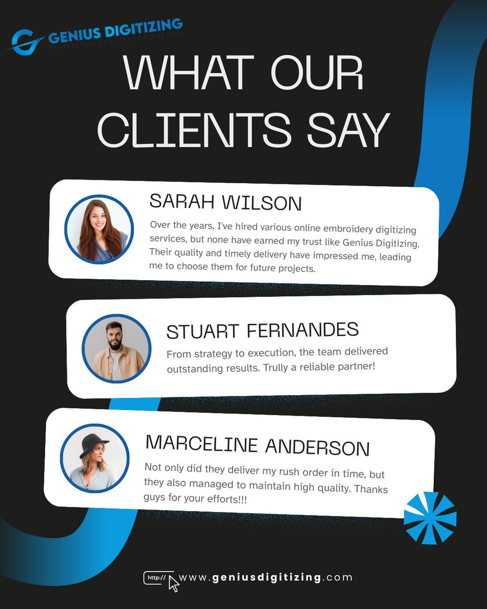 Ready to join our family of happy clients? Contact us today.

Real customers. Real results. Real quality.
geniusdigitizing.com

#CustomerReviews #ClientTestimonials #TrustedService #FiveStarQuality #CustomerSatisfaction #ProvenResults