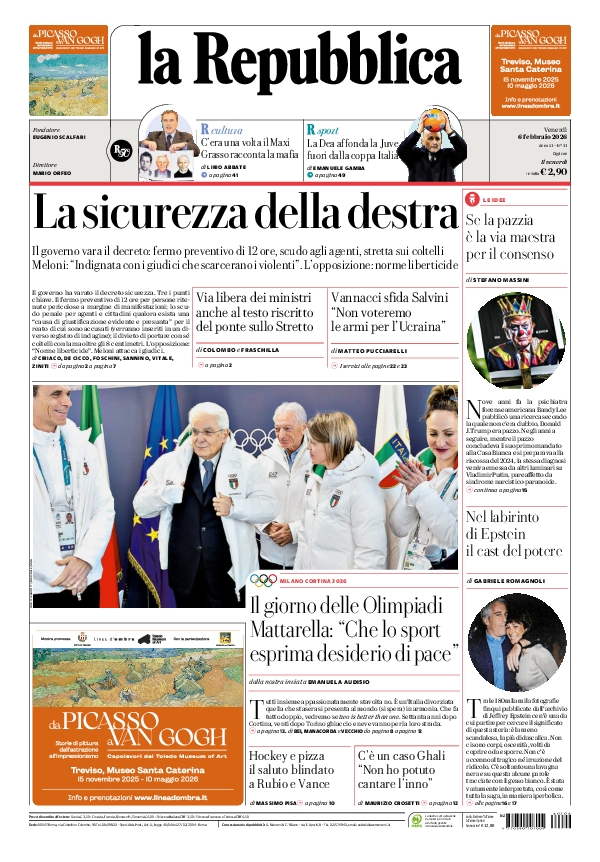 repubblica's tweet photo. La prima pagina di oggi #6february https://t.co/LZaZp2Gm1r 📰 https://t.co/Tqki6skmRU