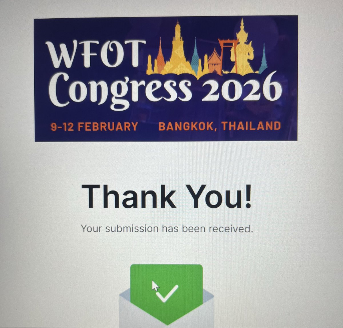 Presentation submitted! 
See you there 🤓

#WFOT_Congress_2026

إلى المؤتمر الدولي للإتحاد العالمي ل #العلاج_الوظيفي
<a href="/thewfot/">WFOT</a>