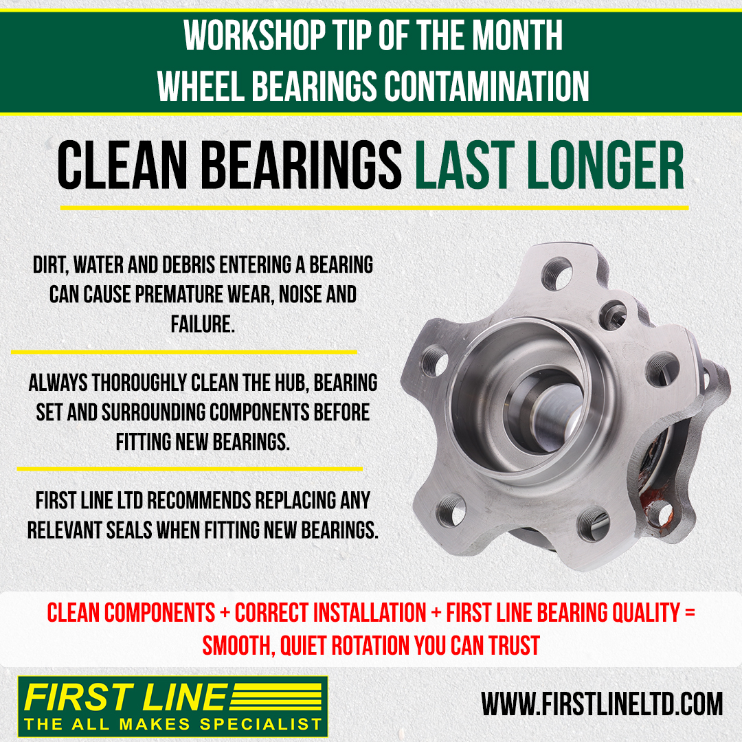 FirstLineuk's tweet photo. 🔄 Workshop Tip of the Month – Wheel Bearings:

Clean bearings last longer! Dirt, water &amp; debris cause premature wear, noise &amp; failure. 
Always clean hubs &amp; bearing seats, change seals, and fit correctly.

🛑 Clean install + First Line quality = smooth, quiet rotation. https://t.co/7ztbHqK75O