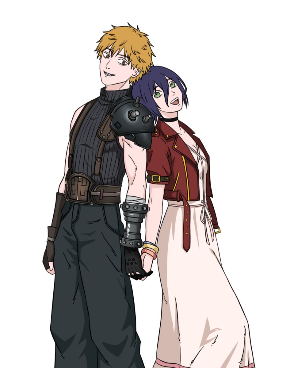 An artwork I commissioned of Denji and Reze doing Cloud and Aerith's pose in #chainsawman's artstyle, made by <a href="/NbArt19047/">NBArt</a> #denreze #clerith