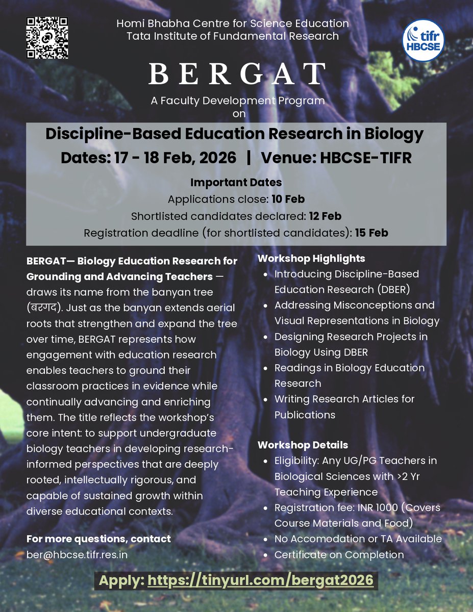 HBCSE_TIFR's tweet image. Registration open for BERGAT 2026 - a faculty development program on Biology Education Research!
📅 17 - 18 Feb, 2026
📍 HBCSE-TIFR
Apply by 10 Feb.
#hbcsetifr #developmentprogram #scienceforall #biology