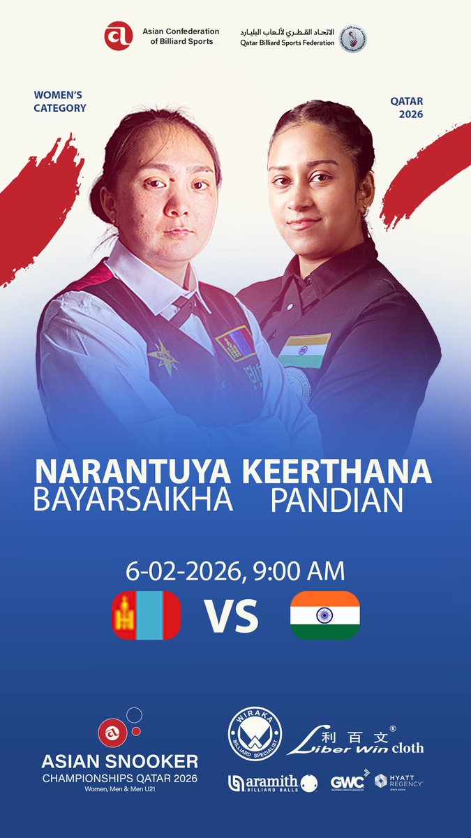 🔴 LIVE STREAM | Asian women’s Snooker Championship

NARANTUYA BAYARSAIKHA

🆚
 
KEERTHANA PANDIAN 

🕙 9:00 AM
📅 6 February 2026

Watch the match live on our official stream: 
youtube.com/live/u2DLbKDsY…