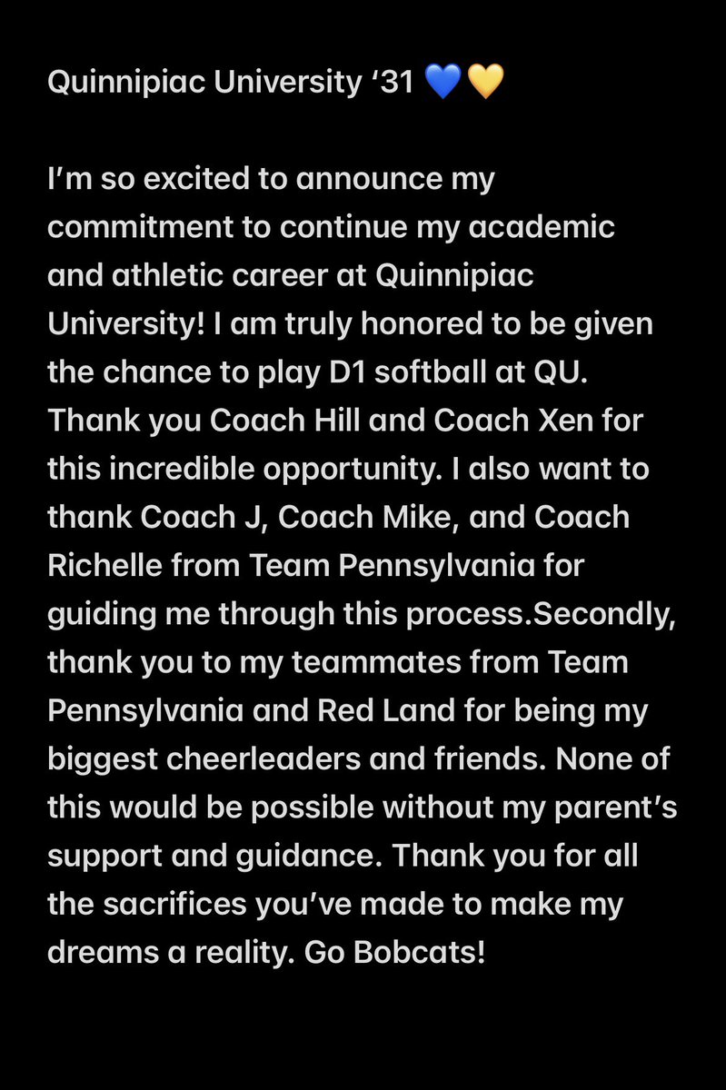 addiewags2027's tweet photo. @QU_Softball ‘31!! So grateful to announce my commitment to play D1 softball at Quinnipiac University! 

@teampafastpitch @TeamPaAugustus @RedLand_AD @DiamondAddicts https://t.co/o34Ms39nyX