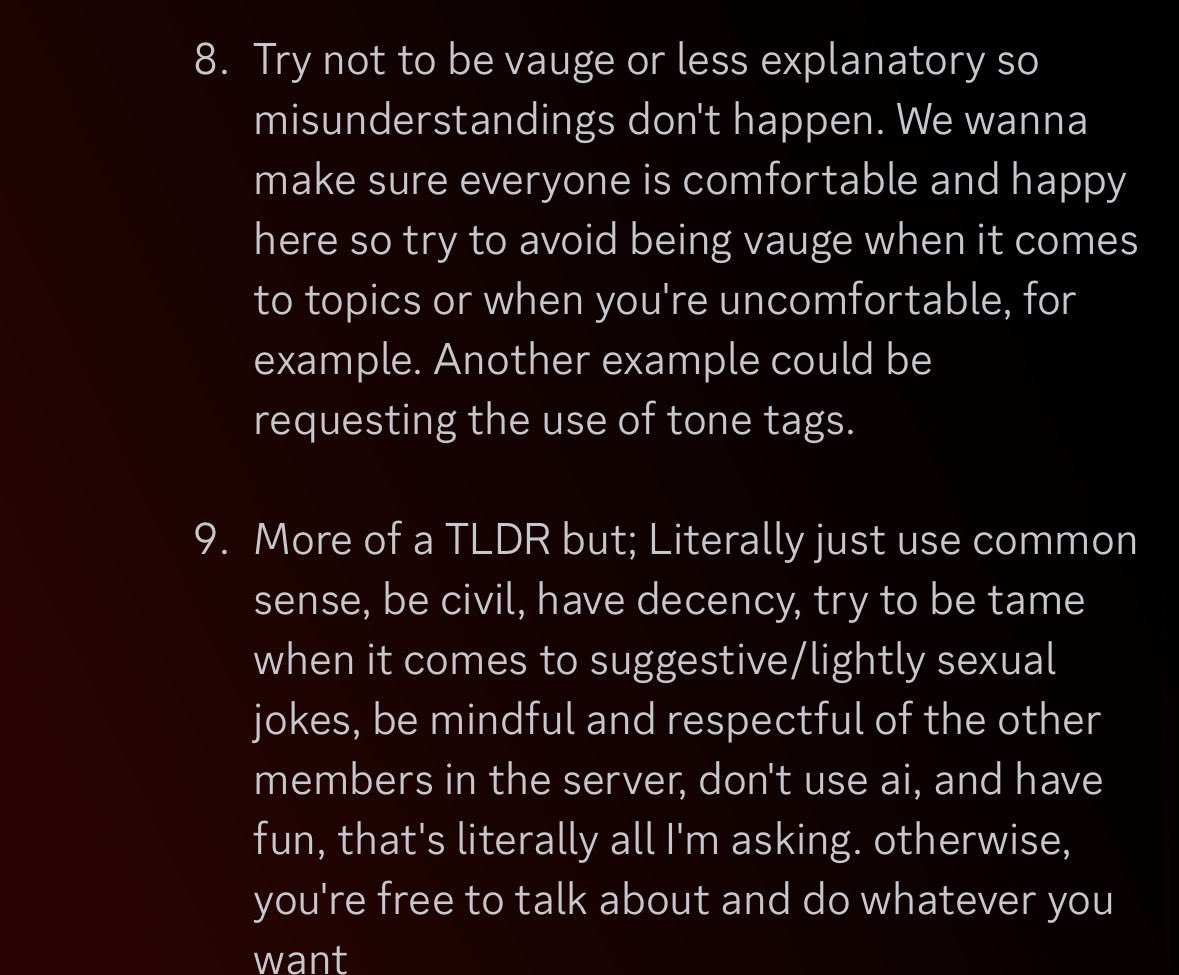 teicordOFFCIAL's tweet photo. @HayzelBaezel Rules have been explicitly posted even well before the server was made public, heres a screenshot of all our rules; some have been edited, but only to further clarify. 

I hope this is a little more clarifying, and a re edited post is being worked on as we speak. https://t.co/vMW2umqPOl